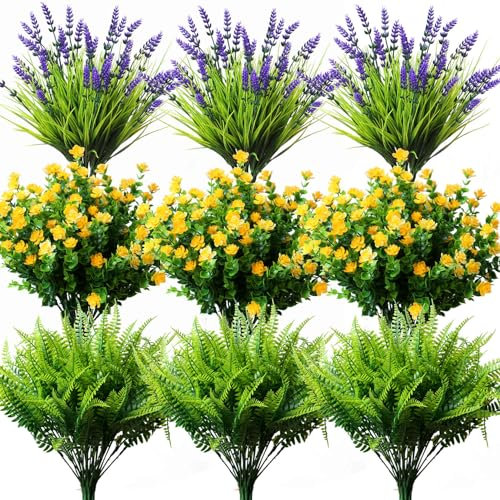 YXYQR 18 flores artificiales de verano para exteriores, resistentes a los rayos UV, ropa de cama falsa de hierba de mono para mamás al aire libre, arreglo de vegetación de helechos de plástico