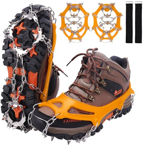 WIN.MAX stegjärn grödel isglasspikar, skoklor med 19 rostfritt stål tänder spikar skoklor grödling isspinnar för klättring bergsklättring trekking hög höjd vinter utomhus (gul, L)