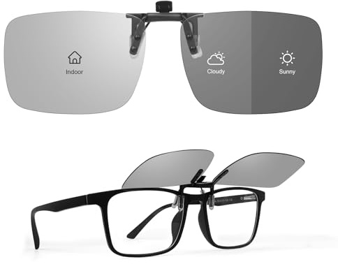 TEMSO Photochromic Clip On Sunglasses,Polarized Flip Up UV400 Protection Clip Over Sunglasses for Mens Womens,Clear Vision for Driving Fishing Golf Travel|Non Dark