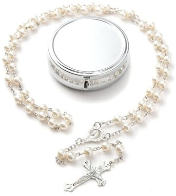 GlamRays Rosariene Perlen Katholisch - Firmung Geschenke für Teenage Mädchen, Silber Simple Stil Metall Geschenkbox, Weiße Kunstperlen Rosenkranz, Geschenke für Frauen