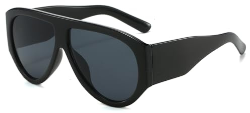 LJCZKA Gafas de Sol Grande Retro para Mujer Hombre, Vintage Piloto Marco Grueso Ovaladas Gafas de Sol Moda Chunky Envolvente Gafas Protección UV400 (Negro Gris)