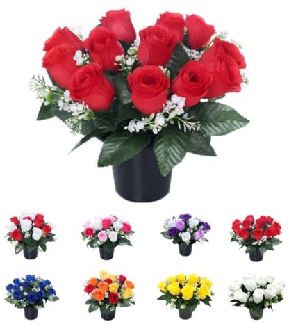 GHMYU Artificial Flowers 25 cm de macetas de Flores | 12 Rosas Rojas | Flores Artificiales para tumbas | Flores de tumbas Cementerio Floreral Flores | Adecuado para Uso Interior y Exterior | Diseño y