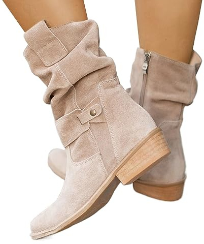 EQWIGKEIT Botines para mujer con tacón medio botines vintage elegantes botas de vaquero cómodas botas de mujer botas medias altas de ante tobillo botas occidentales, A2 beige., 39/EU