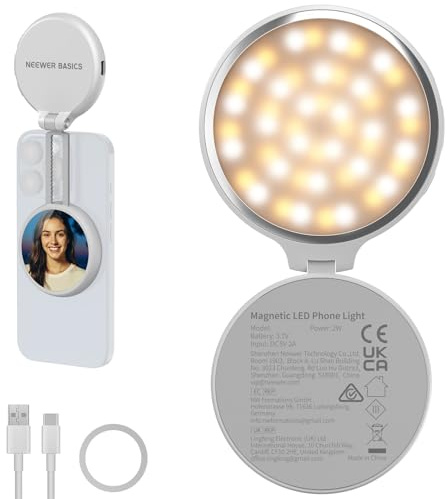 NEEWER BÁSICO Luz LED Magnética Selfies, Compatible con iPhone MagSafe, Soporte Escritorio Teléfono con Espejo Maquillaje 1160lx/0,2m 900mAh CRI95 Luz Relleno para Grabación Streaming, Blanco NL48R