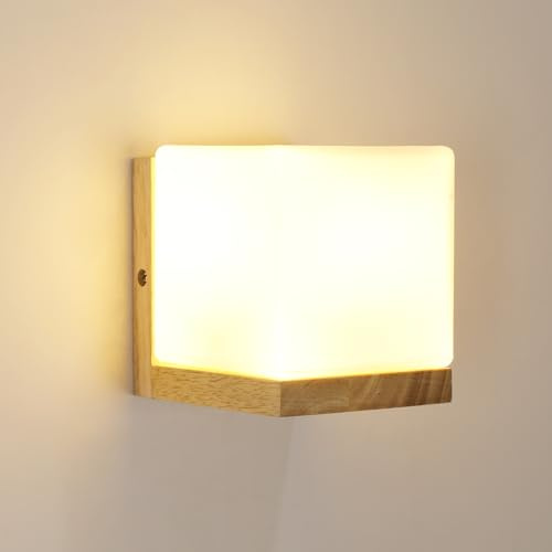 Mckalen Aplique de Pared de Interior, Vintage Cuadrado Lámpara de Pared de Madera E27, Luz de Pared Interior con Pantalla de Cristal para Sala de Estar, Dormitorio, Pasillo (Bombilla no Incluida)