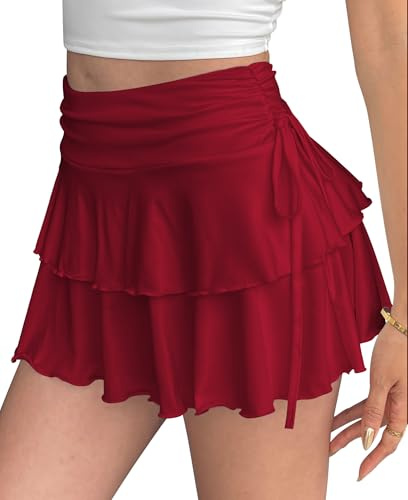 Adigau Mini Jupe pour Femmes Jupes Plissée Sexy A-Ligne Taille Haute Jupe Élégante Taille Élastique Jupes Courte Décontractée de Couleur Unie Rouge Foncé XS