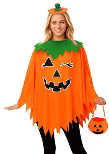 EDLMKM 3 Pcs Halloween Pumpkin Costume Accessories For Adult, Glow In The Dark Halloween Pumpkin Poncho Costume With Headdress Candy Bag For Adults Festival Cosplay Outfit Photo Props