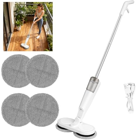 Cordless Electric Mop with 2.0 Ah Batter, Dual Spin Floor Polisher with 200ML Water Tank, Cordless Motorised Spin Mop With 4PCS Pads, Lightweight Floor Scrubber for Hardwood Floors, Tile, Laminate
