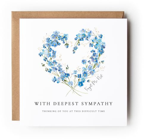 Deepest Sympathy Card with Forget Me Not Heart, Thinking of You Floral Bereavement Card