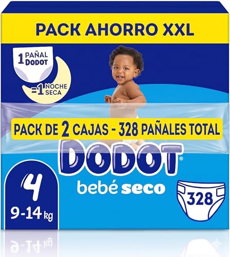 Dodot Bebé-Seco Pañales Talla 4, 9-14 kg, Pack de 328 Unidades, Protección Antifugas, 2 Cajas