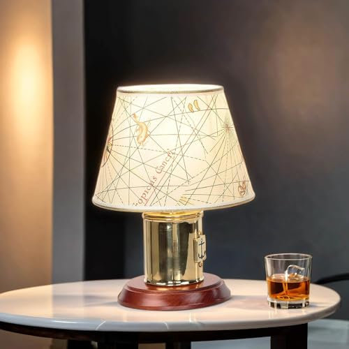 Licht-Erlebnisse Lámpara de mesa de latón auténtico pantalla mapa ancla marítima náutica A: 30 cm interruptor de cable E27 lámpara de mesa lámpara de noche dormitorio salón
