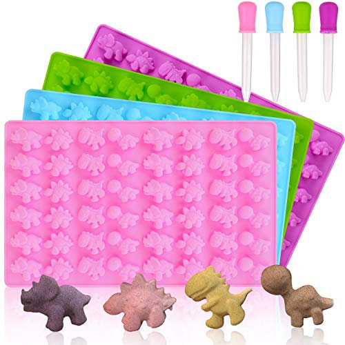 Qpout Silikon Candy Gummy Dinosaurier Formen, 4 Pack Dinosaurier Fondant Schokolade Formen mit 4 Droppers Ice Cube Tablett zum Backen Form Kuchen Dekoration für Kinder Dinosaurier Geburtstagsparty