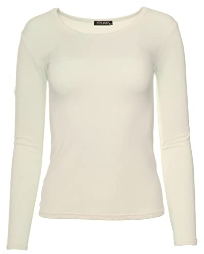 Easy Young Fashion - Damen Basic Rundhals Shirt - Langarm Unterziehshirt - Skinny Fit 1093 - Creme S