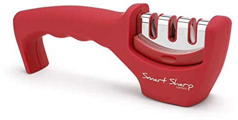 Lantana Smart Sharp Knife Sharpener - Professional 3 Stage Manual Sharpener for Sharpening Kitchen Knives - Ceramic Stone, Tungsten Carbide Plates, Diamond rods. Ergonomic Design, Red/Chrome Finish