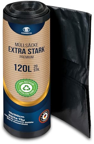 TONECO Profi Müllsäcke 120L EXTRA STARK 70μ - 100 Stück auf 5 Rollen -100% Recycelt - (20 bis 600 Säcke wählbar) - Rollengewicht 1,60 kg - XXL Mülltüten (100)