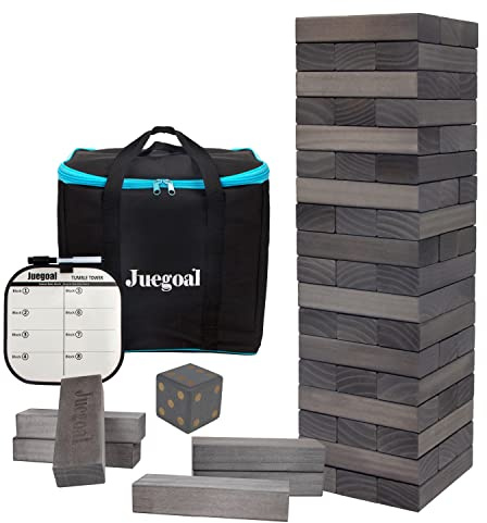 Juegoal 54 Pieces Giant Tumble Tower Blocks Game Giant Wood Stacking Game with 1 Dice Set, Gameboard, Canvas Bag for Adult, Kids, Family, Grey