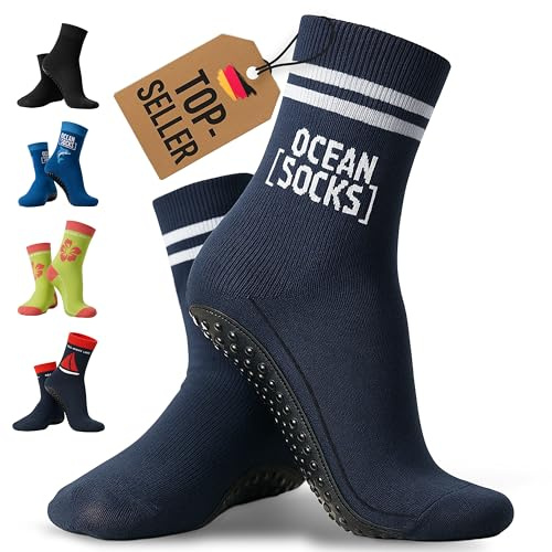 OceanSocks + extra väska | halkfria vatten- och strandstrumpor för strand, vatten, wattvandring, båt och brädor, kvinnor, män, barn, marinblå, 31–34, Marin, 31–34