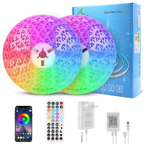 ALED LIGHT Tira LED 2*10M 60 LED/M Bluetooth, Cintas LED 10 Metros 600 LEDs 5050 RGB SMD, cambio delicado de color, 24 V Alimentador Mando a Distancia de 44 Teclas Receptor Luces Coloridas para Decora