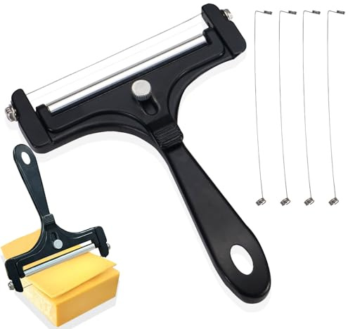 Huakaile Trancheuse à fromage réglable avec 4 fils supplémentaires de rechange, rasoir à main en fil métallique, trancheuse à fromage en alliage d'aluminium robuste pour bloc de fromage (noir)