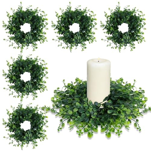 6 anelli per candele da 7,6 cm, anelli per candele nuziali, pilastri per candele, ghirlande per armadietti da cucina, mini ghirlande di candele in bosso verde per decorazioni per feste di nozze