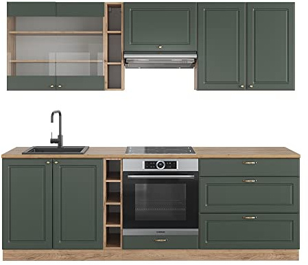 Vicco Küchenzeile Fame-Line, Grün-Gold Landhaus/Goldkraft Eiche, 235 cm, AP Eiche, zur individuellen Erweiterung mit kompatiblen Modulen