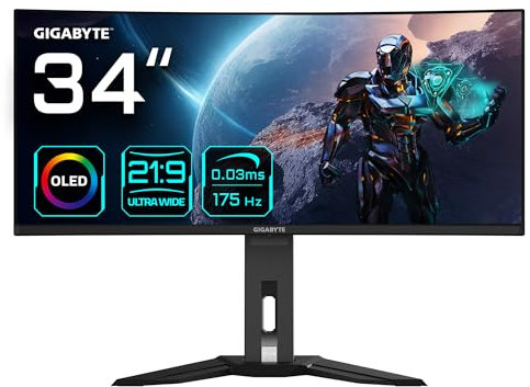 Gigabyte MO34WQC 34 OLED WQHD Curved Gaming Monitor - 3440 x 1440, 175Hz, 0.03ms, KVM, 250 cd/m², FreeSync Premium Pro, DisplayHDR True Black 400, HDMI 2.1, Displayport 1.4