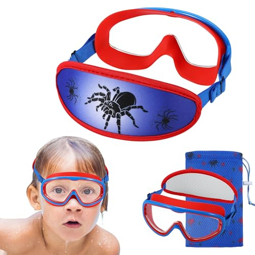 RUIGAO Kids Swim Goggles Age 4-12, Toddler Goggles No Tangle, Child Swimming Mask/Bungee Strap/Soft Band (1PK Toddler Mask - Spider)