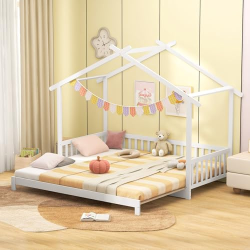 LIFEZEAL Cama Extensible, Cama Infantil de Madera con barandilla de Seguridad y Techo Decorativo, Marco de Cama Individual o matrimonial para niños, Adolescentes, Invitados