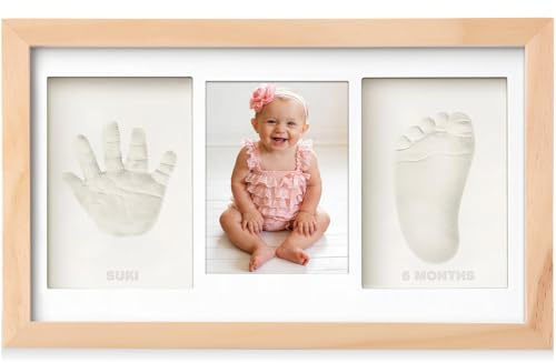 Yiukou Baby handavtryck fotavtryckstillverkare kit minnessak foto inramade bilder för nyfödda baby gåvor, personlig baby milstolpe gåva, minnesbildramar för bebisregister, barnkammare dekor – ek
