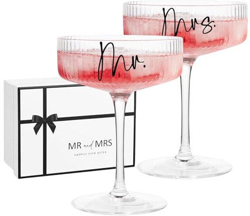 AW BRIDAL Mr and Mrs Champagne Glasses Enagagement Gifts for Newlywed Couples 2025, Bride and Groom Martini Glasses Set of 2 for Wedding Bridal Shower, Anniversary Coupe Glass Set Gift for Margarita