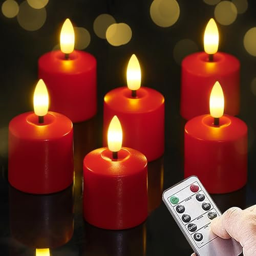 Mavandes Kleine flackernde Teelichter LED-Kerzen mit Batterien und Fernbedienung 4cm x 6,5cm Rot 2/4/6/8 Std. Timerfunktion batteriebetrieben Kunststoffkerzen langlebig Packung mit 6 Stück