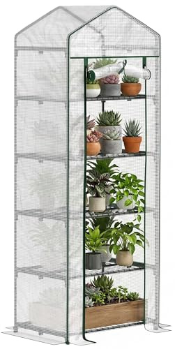 Outsunny Invernadero de Exterior 69x49x193 cm Invernadero Pequeño con 5 Estantes Puerta Enrollable con Cremallera Cubierta de PE 135 g/m² y Marco de Acero para Cultivar Plantas Flores Transparente
