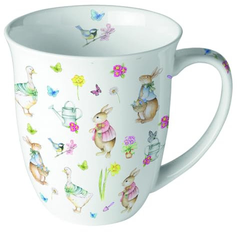 Ambiente Teetasse Kaffeetasse Becher Mug 0,4l Ostern Garten Hasen Blumen in Pastell Farben Tasse Fine Bone China Porzellan Serie easter garden