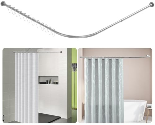 Btstil Shower Curtain Rail L Shape, Adjustable Corner Shower Curtain Rod, Wall Mounted 304 Stainless Steel Curved Shower Rail With 12 Rings for Bathroom Bathtubs (Silver, 68-98cm x 68-98cm)