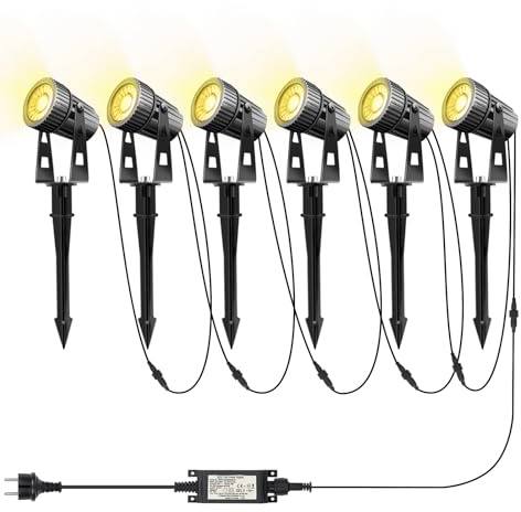Lam(MS)pen 6 focos de jardín LED de luz de jardín, blanco cálido COB,foco led exterior con clavija de tierra, iluminacion para exterior, árbol de césped, 24V 20W IP65