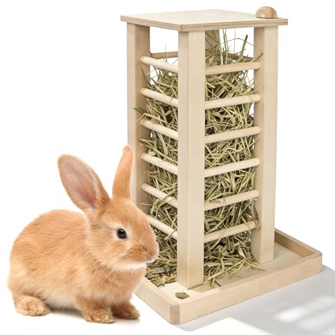 Râtelier à foin pour lapin, 36 x 24 x 24 cm, design polyvalent, en bois naturel, accessoire pour lapins, cochons d'Inde, lapins, hamsters, souris, rats