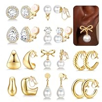 MILACOLATO 10 Pairs Clip On Earrings Women Non Pierced Hypoallergenic Silver/14K Gold Plated Clips Earring Set for Girls Chunky Clip On Hoop Earrings Cute Bow Zirconia Stud Pearl Drop Earring-g