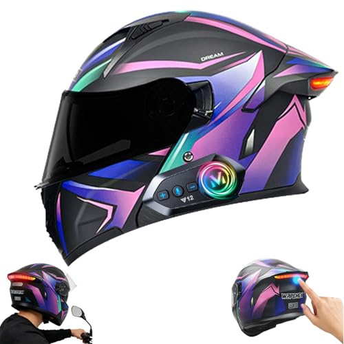 Frcychri Flip-Up Full-Face Modular Motorcycle Helmet with Bluetooth - with LED Taillights Anti-Fog Flip-Up Dual Visor - ECE 22.06 Certified for Men Women, Scooter & Moped A,Large
