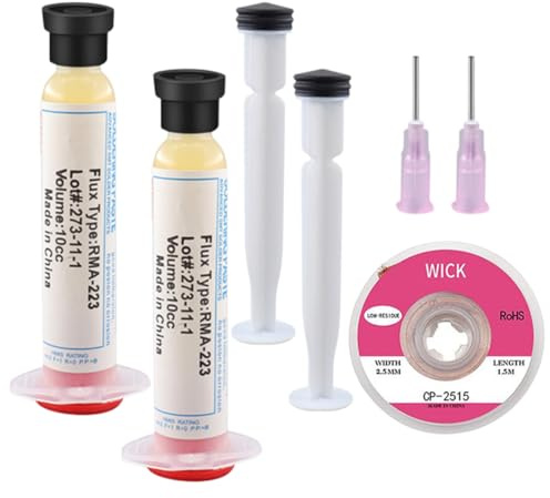 MOLZINY 2 Piezas Pasta de Soldar RMA-223 en Jeringas de 10cc Flux No Clean para Reparación de Electrónica, Gel Flux de Precisión para Soldadura SMD, Incluye Malla Desoldadora 2,5mmx1,5m
