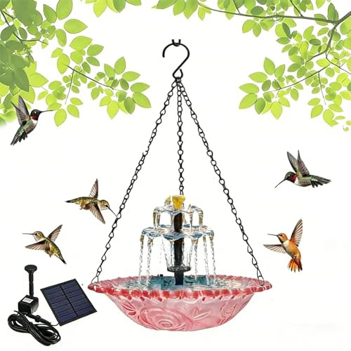 Fontana solare da appendere a cascata per uccelli a 3 strati, fontana solare da appendere per uccelli con pompa solare e ciotola di vetro, fontana per uccelli sospesa a energia solare, per giardino