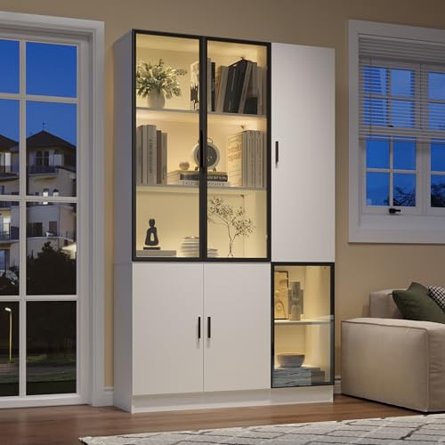 Jaxenor Stående glasskåp, glasskåp, dörr, 200 cm hög, vitrinskåp, vardagsrum med LED-lampor, vardagsrumsskåp, flerförvaring, bokskåp för kök, matsal, kontor, sovrum, vit