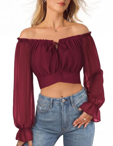SCARLET DARKNESS Women's Medieval Crop Tops,Retro Off-Shoulder Blouses | Lantern Long Sleeves Blouses, Crisscross Tie Waist Tops, Gypsy Tops for Women