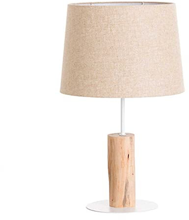 Lámpara de Mesa Moderna Rústica de Madera Hierro Tela y Color Natural Blanco y Beige | Modelo Pristino 7hSevenOn Deco | Lámpara para Mesilla de Noche, Salón, Dormitorio... | 35x35x58cm