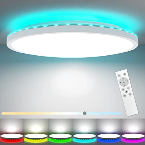 Peasur 30CM LED Ceiling Light 3000-6500K, 24W 3200LM Bathroom Light Dimmable with Remote Control, RGB Color Changing Backlight, Flush Round Ceiling Lights for Bedroom Kitchen Hallway