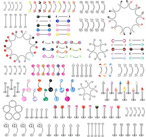 Finrezio 185pcs Body Piercing Jewelry for All Piercings, Tongue Nipple Rings Eyebrow Lip Belly Button Barbell Nose Piercing Tragus Navel Body Jewelry for Women Piercings 14g-18g