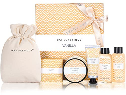 SPA LUXETIQUE Bade Geschenket für Frauen - Pflegeset Vanilleduft mit 6 tlg. in Reisegröße Duschgel, Bodylotion, Schaumbad, Handcreme, Leinentasche mit Kordelzug, Bade Reise Set zum Weihnachtsgeschenke