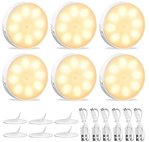 KEWUZY 6-pack Luz Nocturna Sensor Movimiento, Luz Nocturna LED Recargable por USB, Luz de Armario, 8 LED, 3 Modos (Auto/On/Off) para Armarios, Pasillo, Escalera, Sótano, Garaje(Amarillo Cálido)