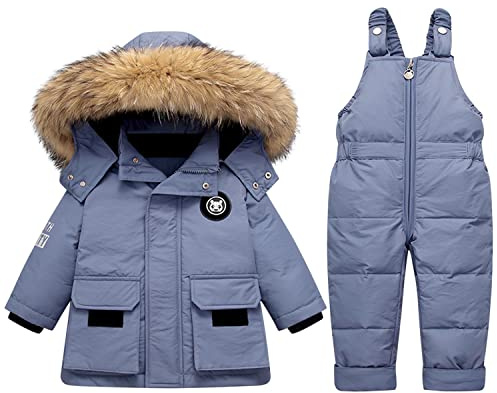 Boodtag 2pcs Unisex Baby Kids Puffer Winter Warm Hooded Down Coat with Snowsuit Snow Bib Pants Toddler Thickened Ski Suits Outfit Set 18 Months-5 Years