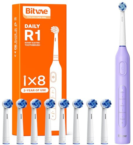 Bitvae R1 Rotating Electric Toothbrush with 8 Brush Heads for Adults and Kids, 60-Day Battery Life, 5 Modes Rechargeable Power Toothbrush with 2-Minute Smart Timer, Purple
