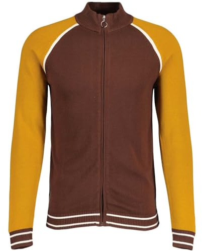 Madcap England Men's Retro Knitted Track Jacket, Color Block Details, Vintage Inspired 1970s Styling, Zip Front (UK, Alpha, XL, Regular, Regular, Potting Soil)